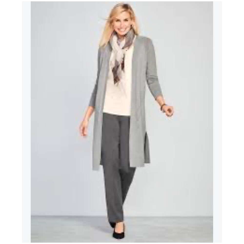 Talbots Pure Merino Wool Long Open Front Cardigan Gray Duster Sweater Large